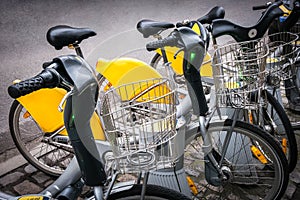 The row of yellow city bicycles parked