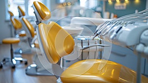 A row of yellow dental chairs in a room with toothbrushes, AI
