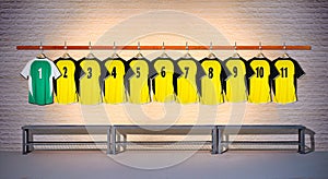 Row of Yellow and Green Football shirts Shirts 1-11
