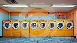 A row of yellow laundry machines in a room with blue tiles, AI