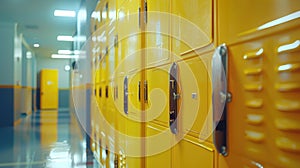 Row of yellow lockers in a typical high school or college hallway