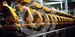 A row of yellow robots in a factory. Generative AI image.