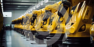A row of yellow robots in a factory. Generative AI image.