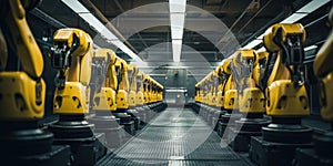 A row of yellow robots in a factory. Generative AI image.