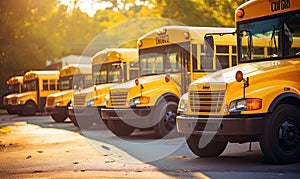Row of Yellow School Buses Parked in a Parking Lot