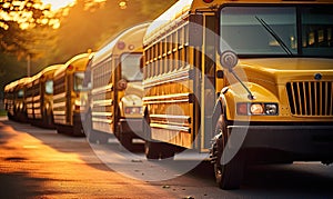 Row of Yellow School Buses Parked by Road