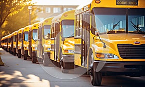 A Row of Yellow School Buses Parked Together