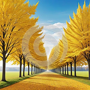 a row of yellow trees autumn panoramic drawing cartoon