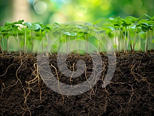 row of young green shoots with large roots, seedlings, new life and development in agriculture