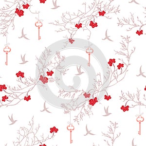 Rowanberry tree, birds and dangling keys seamless vector print.