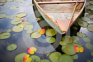 rowboat on a calm farm pond with lily pads