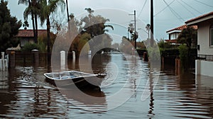 A rowboat floats on a flooded suburban street, with homes and palm trees partially submerged under cloudy skies