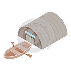 Rowboat icon isometric vector. Wooden fishing boat with paddle and hangar icon