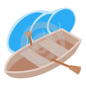 Rowboat icon isometric vector. Wooden fishing boat with paddle and sea wave icon