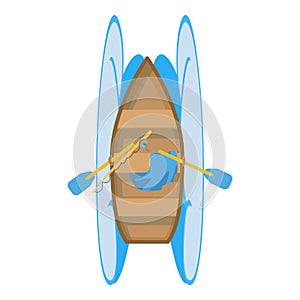 Rowboat icon isometric vector. Wooden fishing boat with paddle and sea wave icon