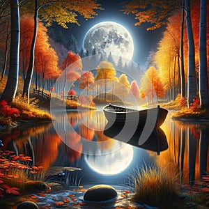 rowboat on a moonlit river, with autumn trees reflected on the water. landscape background