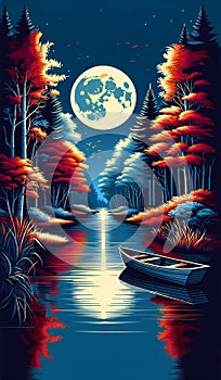 rowboat on a moonlit river, with autumn trees reflected on the water. landscape background, vector