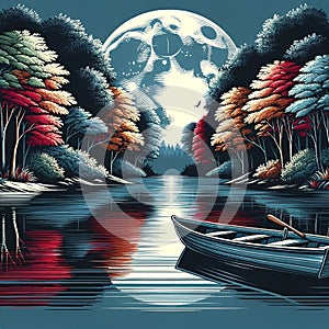 rowboat on a moonlit river, with autumn trees reflected on the water. landscape background, vector