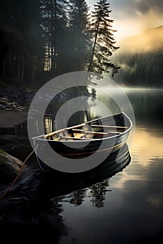 rowboat moored in cove at dawn