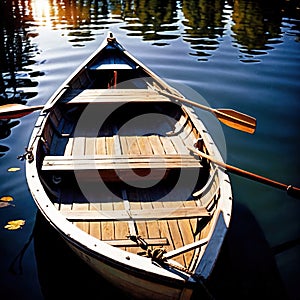 Rowboat, old traditional wooden rowing boat for transport on pond or river