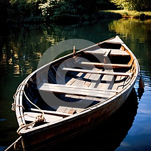 Rowboat, old traditional wooden rowing boat for transport on pond or river