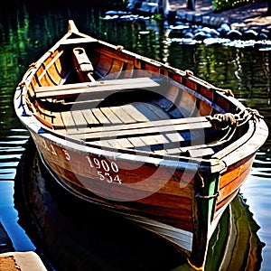 Rowboat, old traditional wooden rowing boat for transport on pond or river