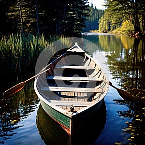 Rowboat, old traditional wooden rowing boat for transport on pond or river