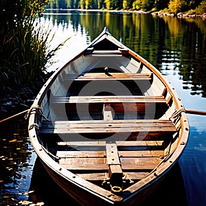 Rowboat, old traditional wooden rowing boat for transport on pond or river