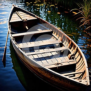 Rowboat, old traditional wooden rowing boat for transport on pond or river