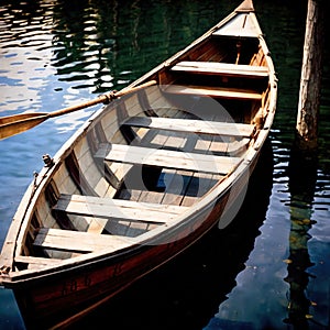 Rowboat, old traditional wooden rowing boat for transport on pond or river