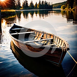 Rowboat, old traditional wooden rowing boat for transport on pond or river