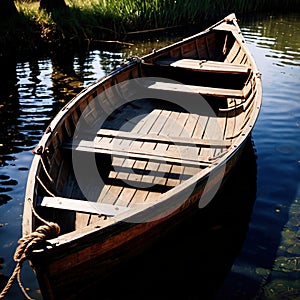 Rowboat, old traditional wooden rowing boat for transport on pond or river