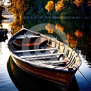 Rowboat, old traditional wooden rowing boat for transport on pond or river