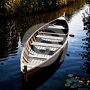 Rowboat, old traditional wooden rowing boat for transport on pond or river