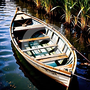 Rowboat, old traditional wooden rowing boat for transport on pond or river