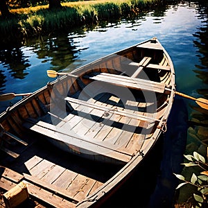 Rowboat, old traditional wooden rowing boat for transport on pond or river