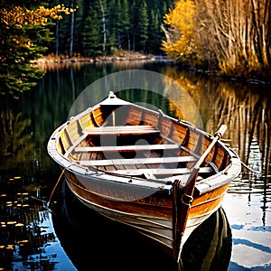 Rowboat, old traditional wooden rowing boat for transport on pond or river