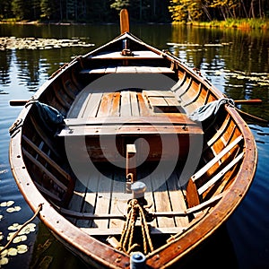 Rowboat, old traditional wooden rowing boat for transport on pond or river