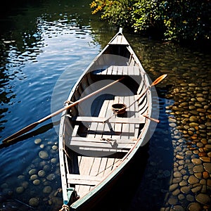 Rowboat, old traditional wooden rowing boat for transport on pond or river