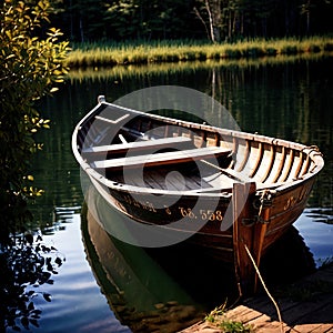 Rowboat, old traditional wooden rowing boat for transport on pond or river