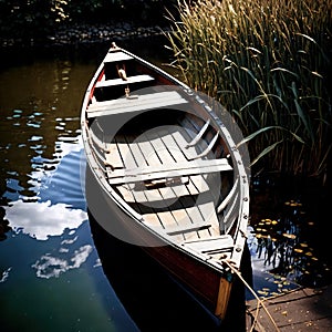 Rowboat, old traditional wooden rowing boat for transport on pond or river