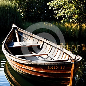 Rowboat, old traditional wooden rowing boat for transport on pond or river