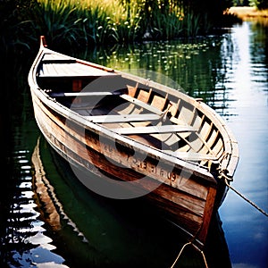 Rowboat, old traditional wooden rowing boat for transport on pond or river