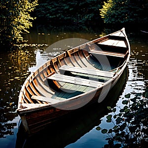 Rowboat, old traditional wooden rowing boat for transport on pond or river