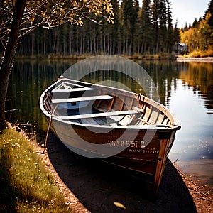 Rowboat, old traditional wooden rowing boat for transport on pond or river