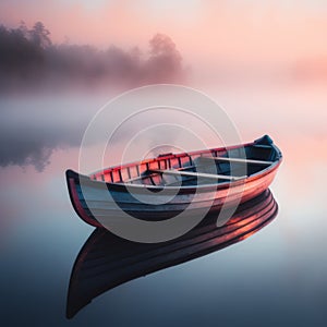 a rowboat sits on the water in a foggy morning