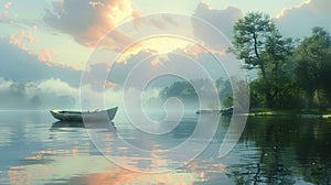 Rowboat on a still lake at dawn with a beautiful sky and trees on the shore