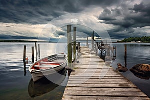 rowboats on a dock under dramatic stormy skies