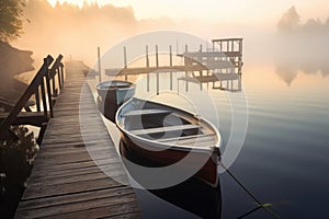 rowboats in foggy morning light by a serene lake dock