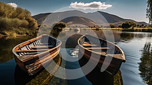 Rowboats moored in lake against mountains range